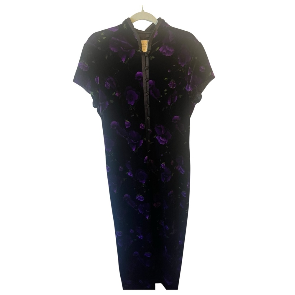 Evan Picone Black and Purple Floral Asian Inspired Midi Dress